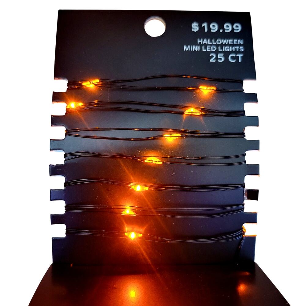 Orange Fairy Halloween 25 Mini LED String Lights Black Wire Battery Operated NEW